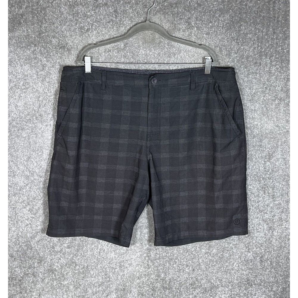 Hang Ten Board Shorts Mens Size 42 Black Gray Plaid Stretch Pockets